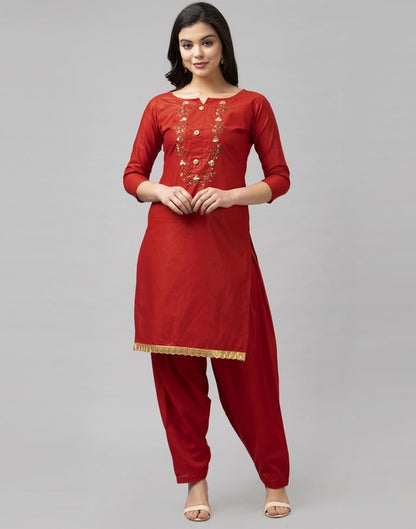 Fire Brick Red Cotton Embroidered Unstitched Salwar Suit | Sudathi