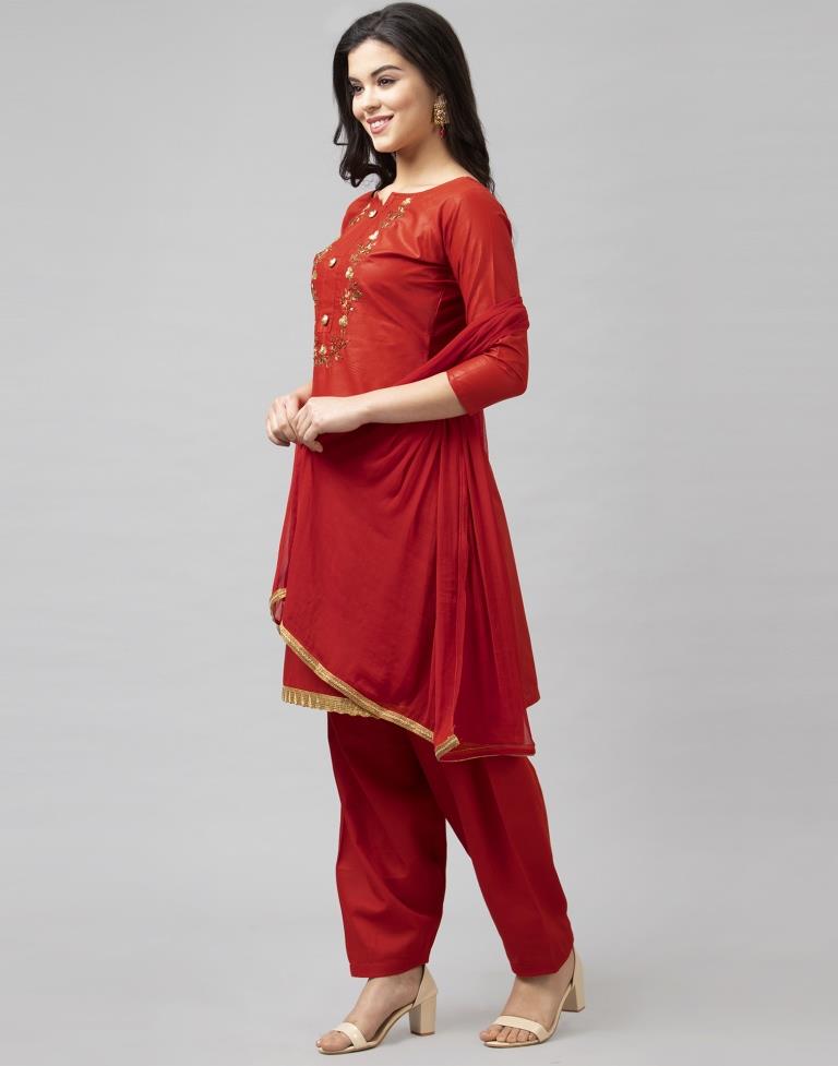 Fire Brick Red Cotton Embroidered Unstitched Salwar Suit | Sudathi