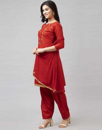 Fire Brick Red Cotton Embroidered Unstitched Salwar Suit | Sudathi