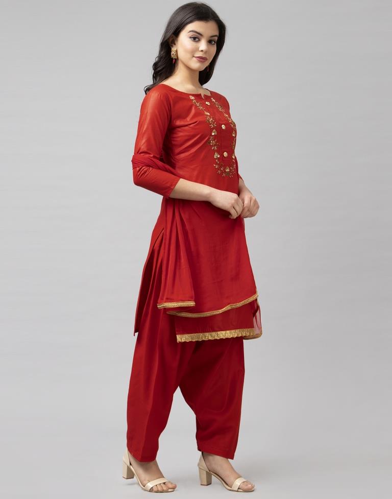 Fire Brick Red Cotton Embroidered Unstitched Salwar Suit | Sudathi