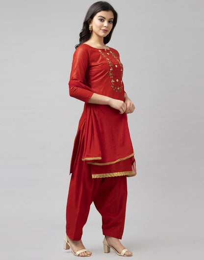 Fire Brick Red Cotton Embroidered Unstitched Salwar Suit | Sudathi