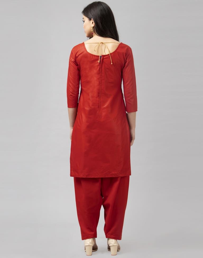 Fire Brick Red Cotton Embroidered Unstitched Salwar Suit | Sudathi