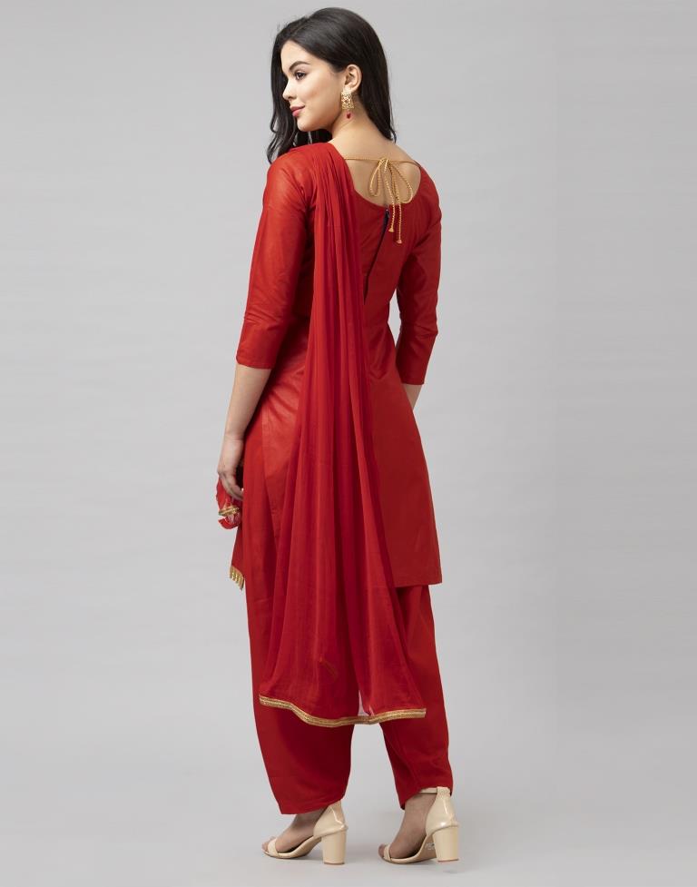 Fire Brick Red Cotton Embroidered Unstitched Salwar Suit | Sudathi