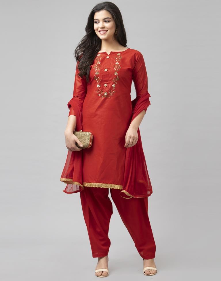 Fire Brick Red Cotton Embroidered Unstitched Salwar Suit | Sudathi