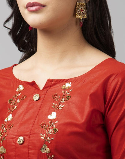 Fire Brick Red Cotton Embroidered Unstitched Salwar Suit | Sudathi