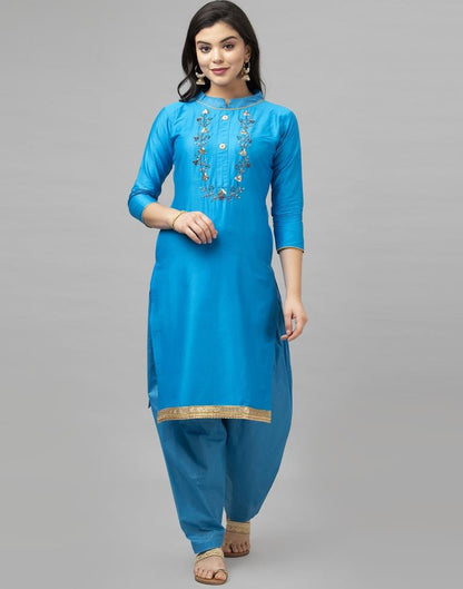 Blue Cotton Embroidered Unstitched Salwar Suit | Sudathi