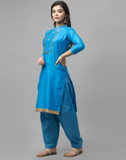 Blue Cotton Embroidered Unstitched Salwar Suit | Sudathi