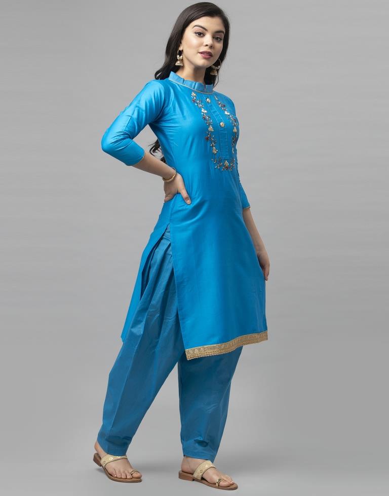 Blue Cotton Embroidered Unstitched Salwar Suit | Sudathi