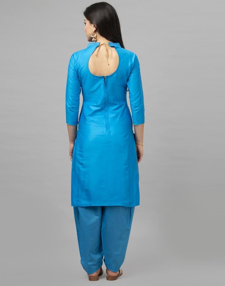 Blue Cotton Embroidered Unstitched Salwar Suit | Sudathi