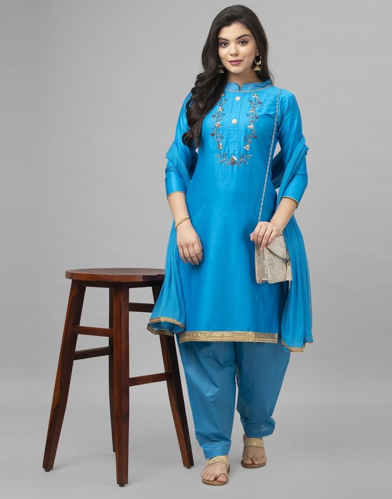 Blue Cotton Embroidered Unstitched Salwar Suit | Sudathi