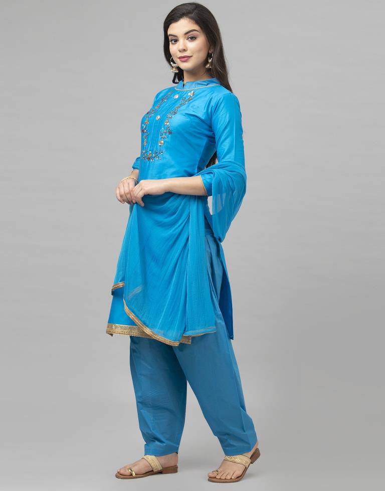 Blue Cotton Embroidered Unstitched Salwar Suit | Sudathi