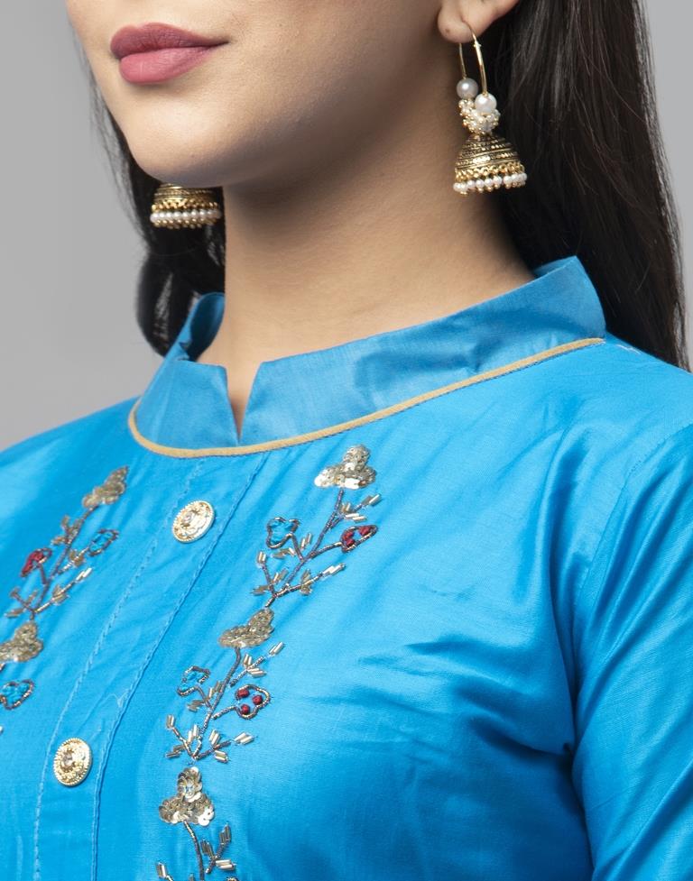 Blue Cotton Embroidered Unstitched Salwar Suit | Sudathi