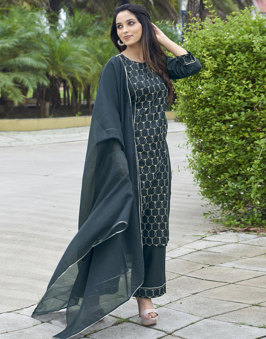 Teal Blue Silk Kurta With Pant And Dupatta