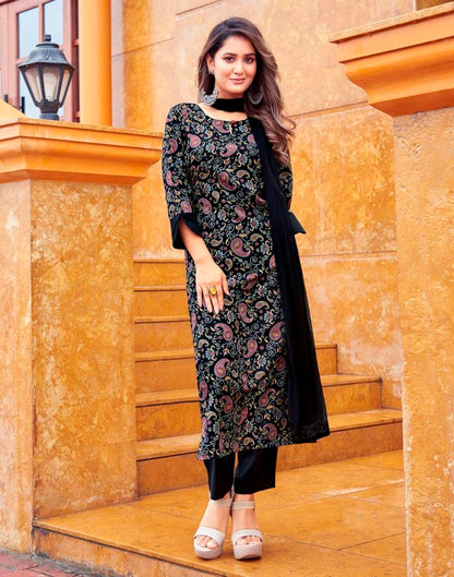 Black Printed Straight Kurta With Pant And Dupatta