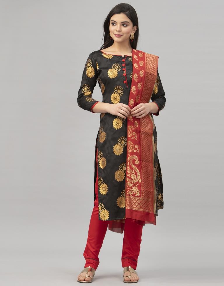 Black Poly Silk Jacquard Unstitched Salwar Suit | Sudathi