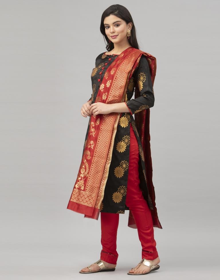 Black Poly Silk Jacquard Unstitched Salwar Suit | Sudathi