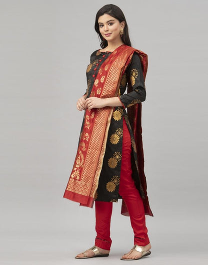 Black Poly Silk Jacquard Unstitched Salwar Suit | Sudathi