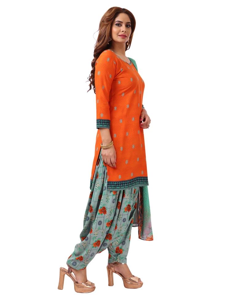 Beautiful Red Orange Printed Unstitched Salwar Suit | Sudathi