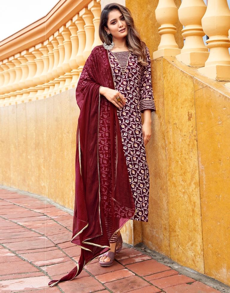 Maroon Printed Cotton Straight Kurta With Pant And Dupatta