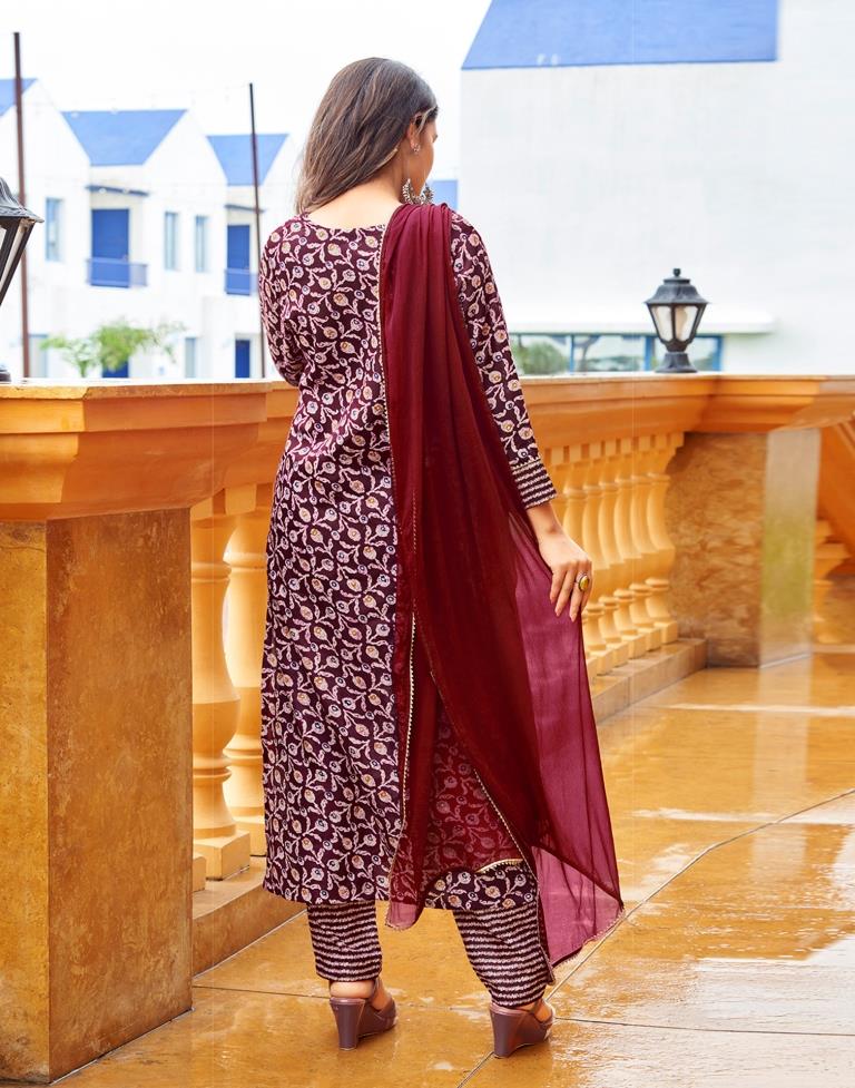 Maroon Printed Cotton Straight Kurta With Pant And Dupatta