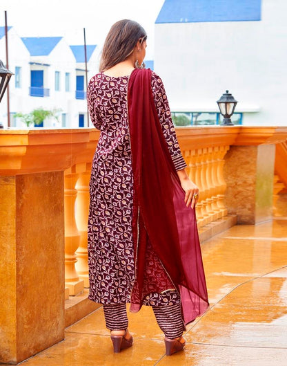 Maroon Printed Cotton Straight Kurta With Pant And Dupatta