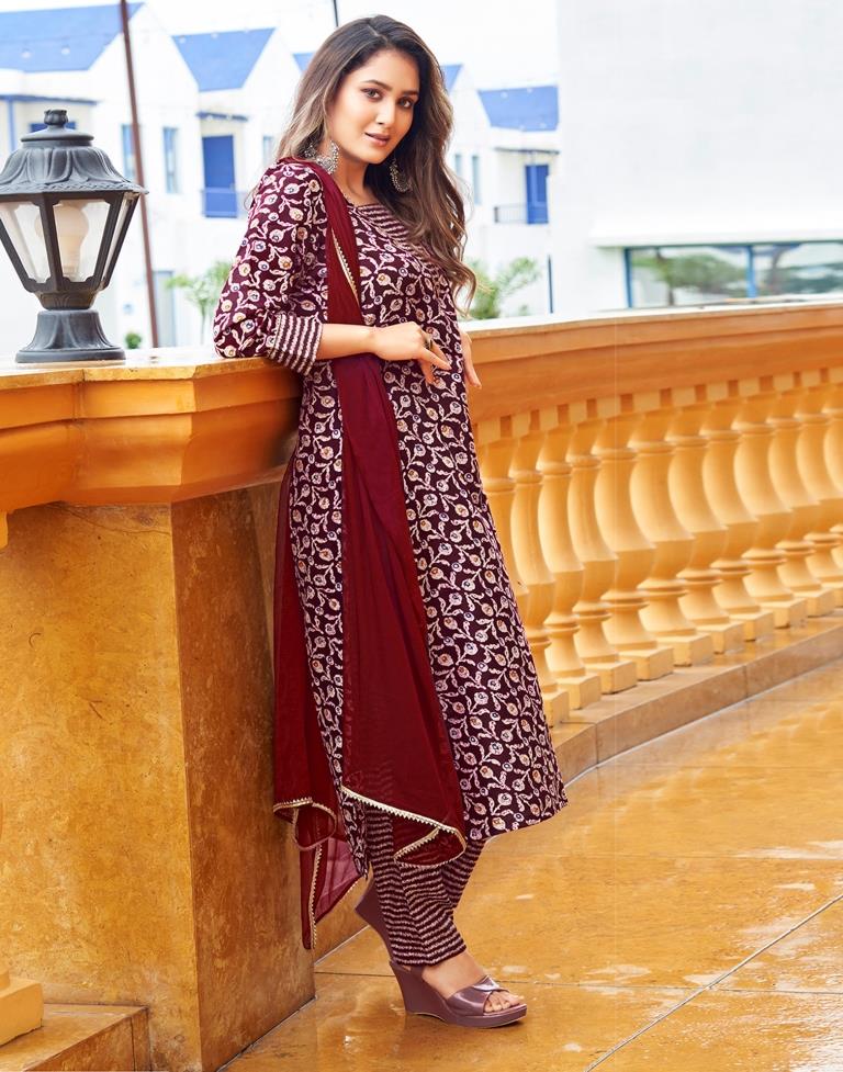 Maroon Printed Cotton Straight Kurta With Pant And Dupatta