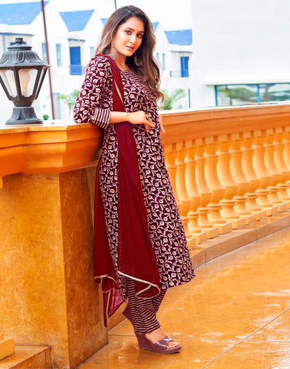 Maroon Printed Cotton Straight Kurta With Pant And Dupatta