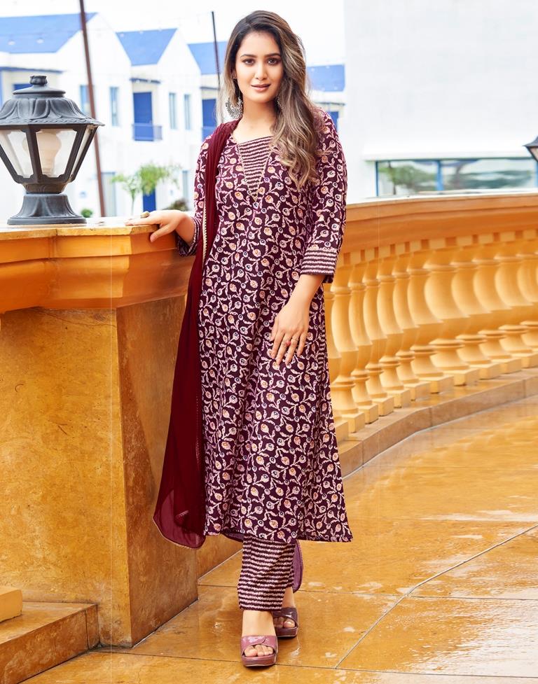 Maroon Printed Cotton Straight Kurta With Pant And Dupatta