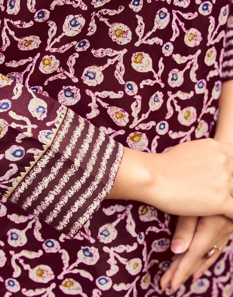 Maroon Printed Cotton Straight Kurta With Pant And Dupatta