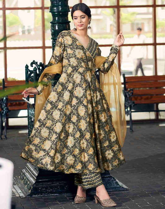 Grey Printed Chanderi Flaired Kurta With Pant And Dupatta