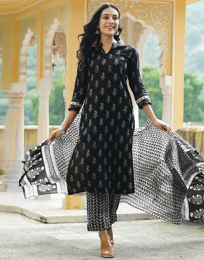 Black Printed Rayon Straight Kurta With Pant And Dupatta