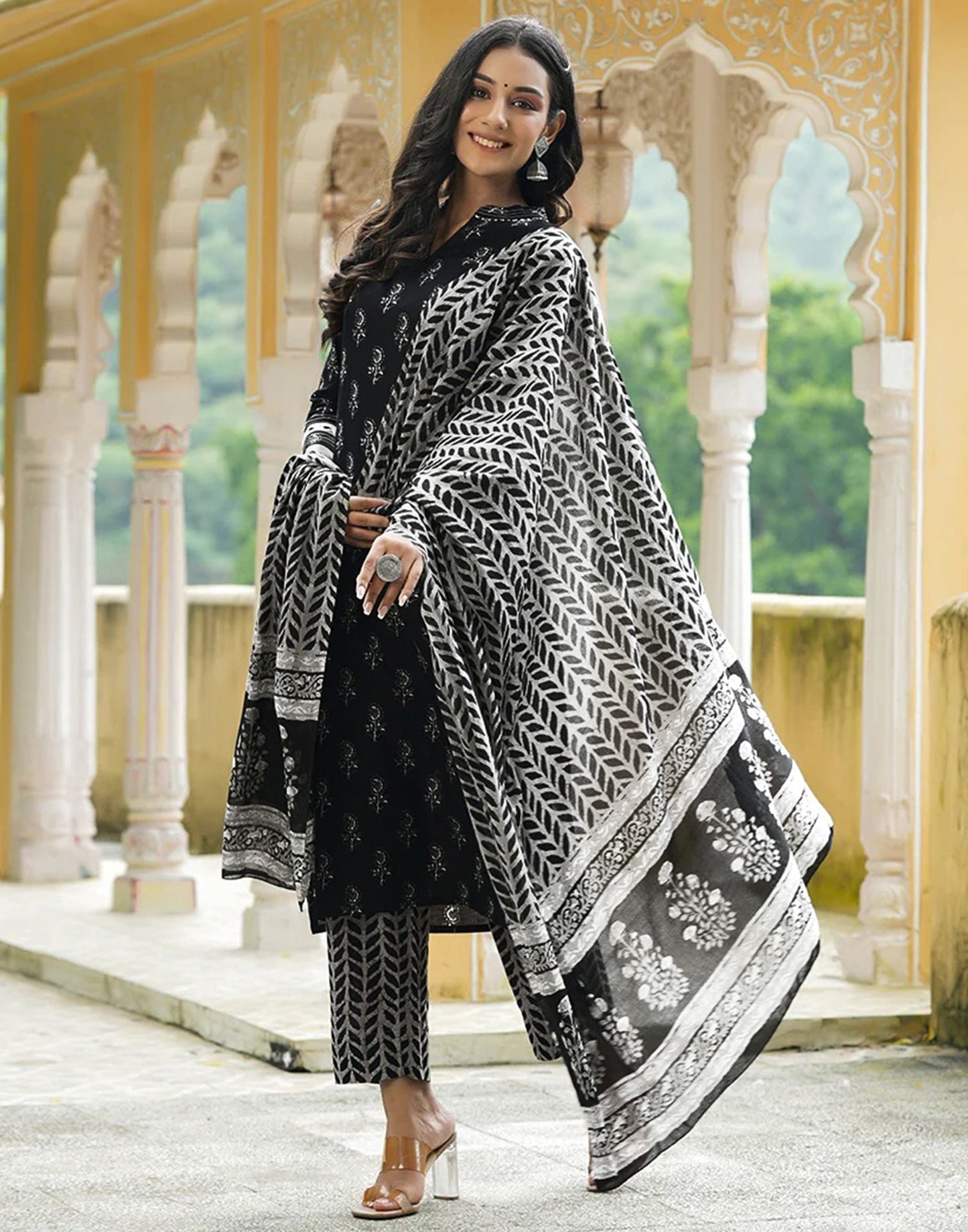 Black Printed Rayon Straight Kurta With Pant And Dupatta