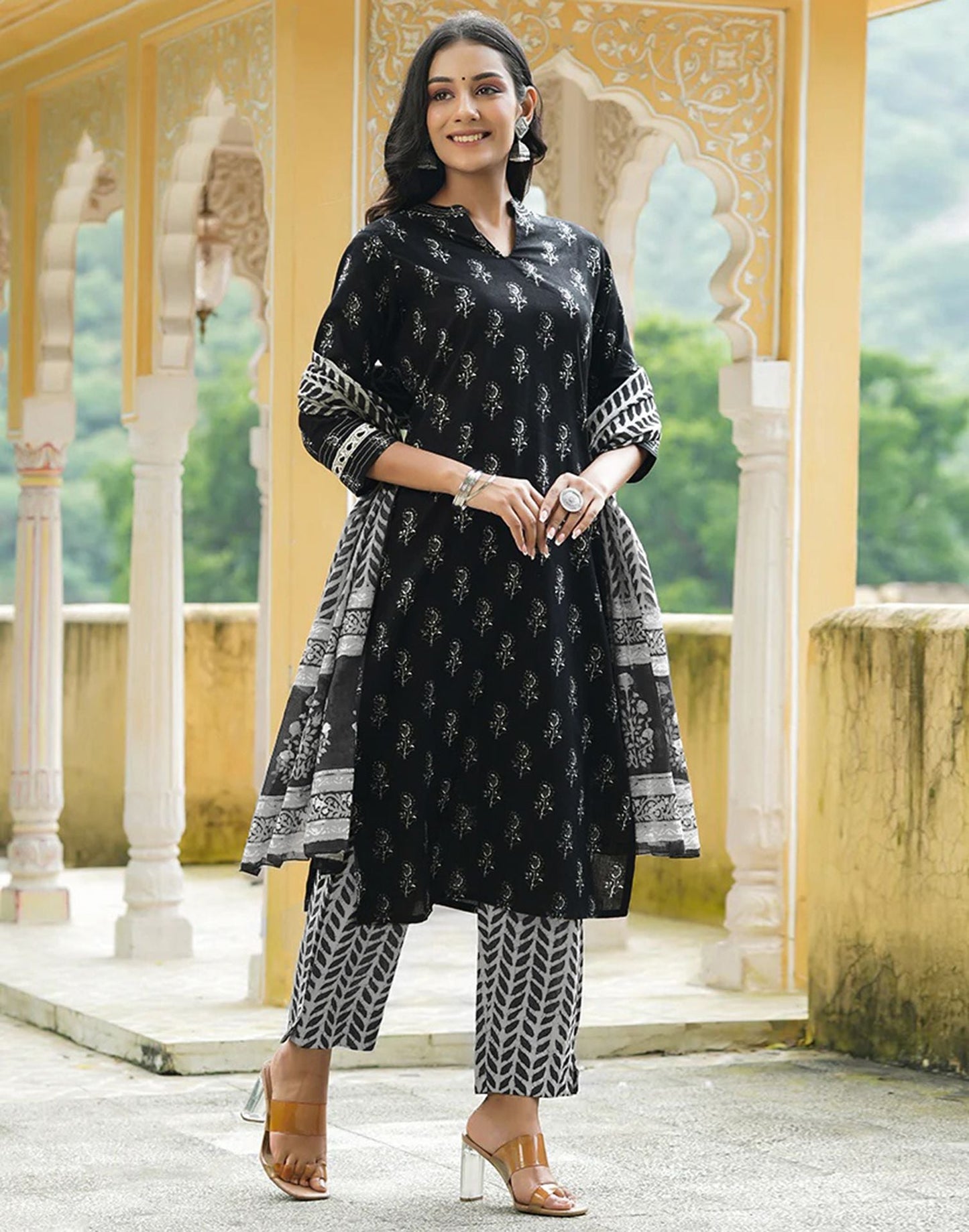 Black Printed Rayon Straight Kurta With Pant And Dupatta