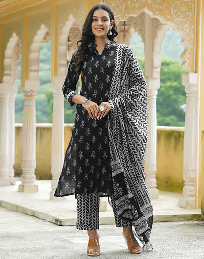 Black Printed Rayon Straight Kurta With Pant And Dupatta