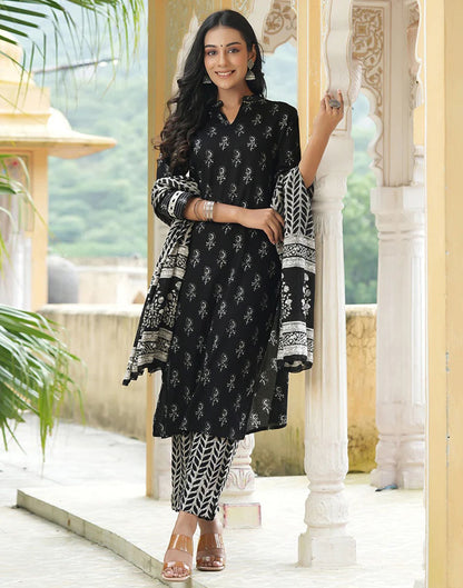 Black Printed Rayon Straight Kurta With Pant And Dupatta