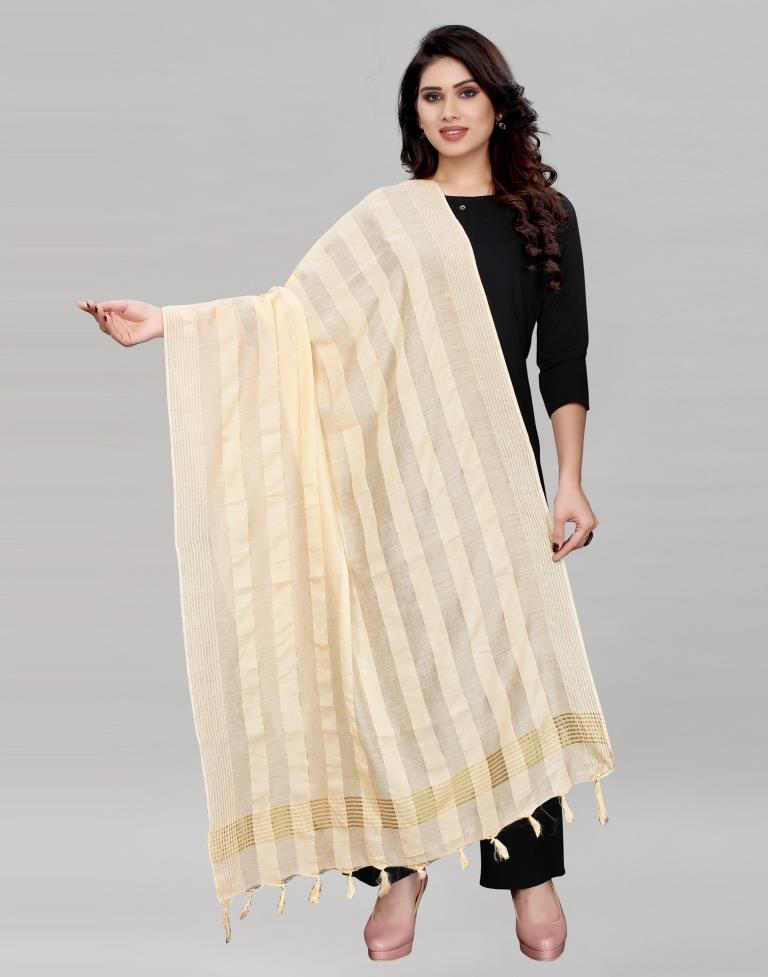 Cream Coloured Poly Cotton Woven Jari Striped Dupatta | Sudathi