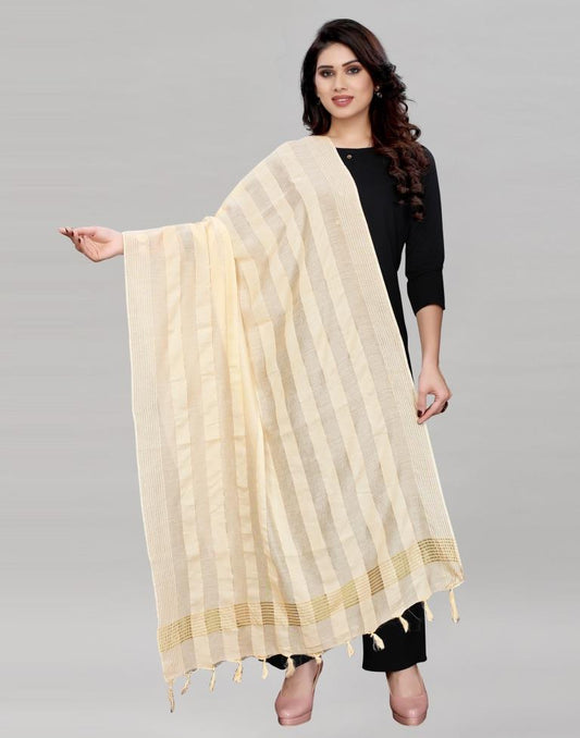 Cream Coloured Poly Cotton Woven Jari Striped Dupatta | Sudathi