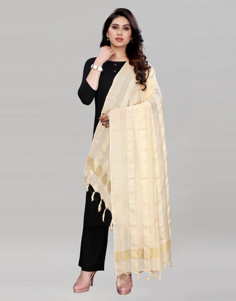 Cream Coloured Poly Cotton Woven Jari Striped Dupatta | Sudathi