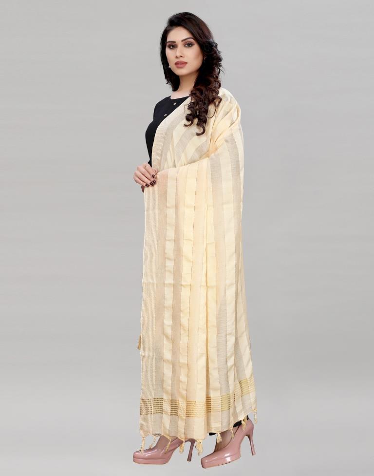 Cream Coloured Poly Cotton Woven Jari Striped Dupatta | Sudathi