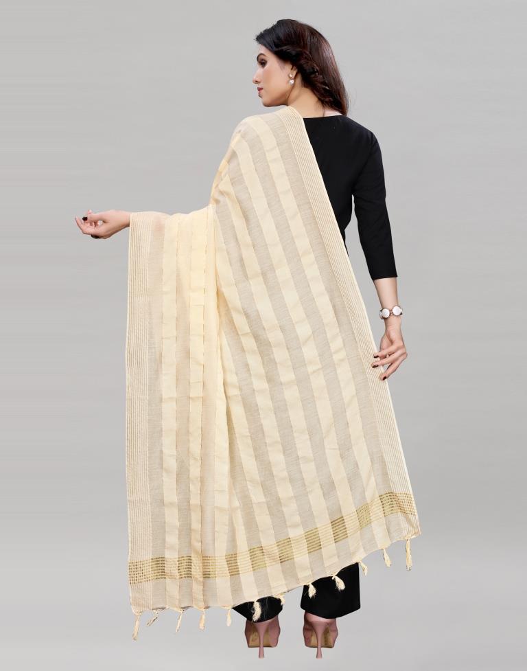 Cream Coloured Poly Cotton Woven Jari Striped Dupatta | Sudathi