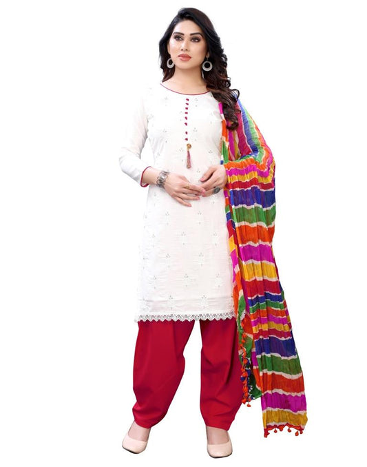 Bedazzling White Cotton Embroidered Unstitched Salwar Suit | Sudathi