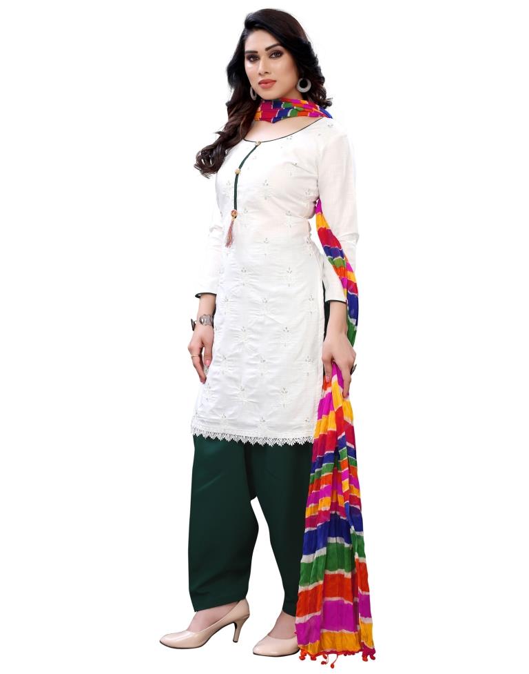 Gorgeous White Cotton Embroidered Unstitched Salwar Suit | Sudathi