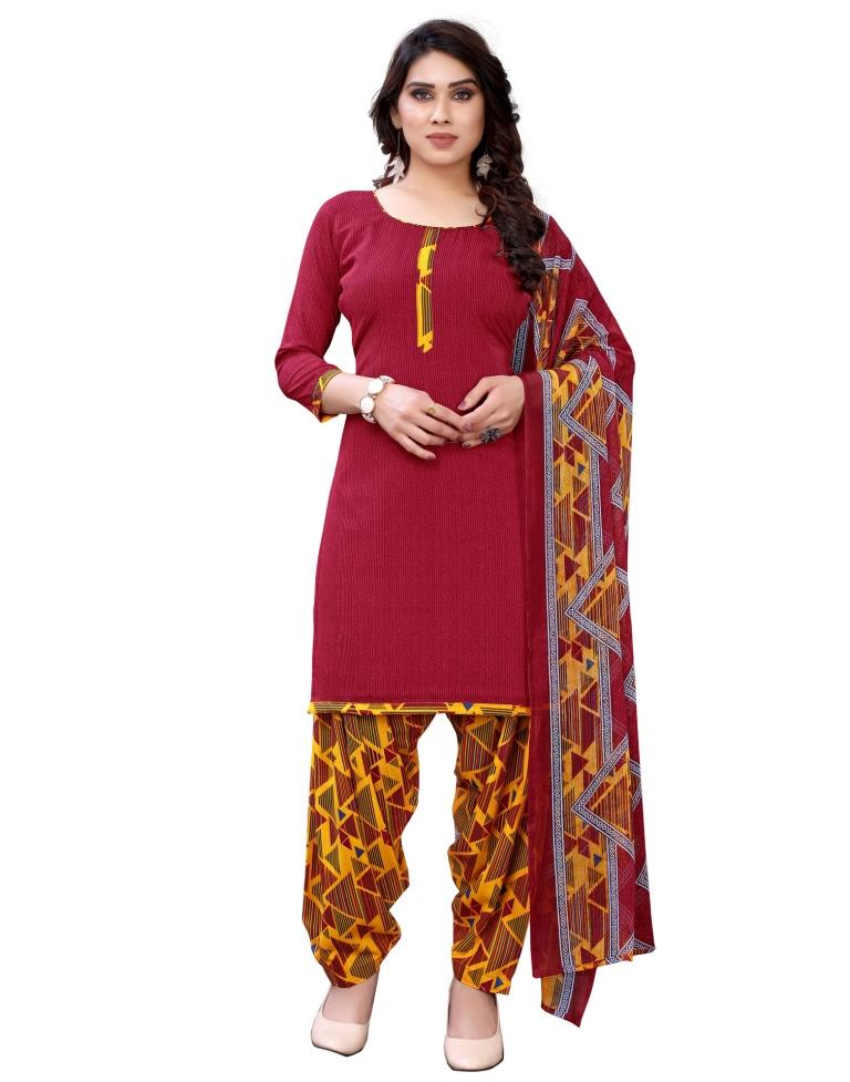 Distinctive Maroon Printed Unstitched Salwar Suit | Sudathi