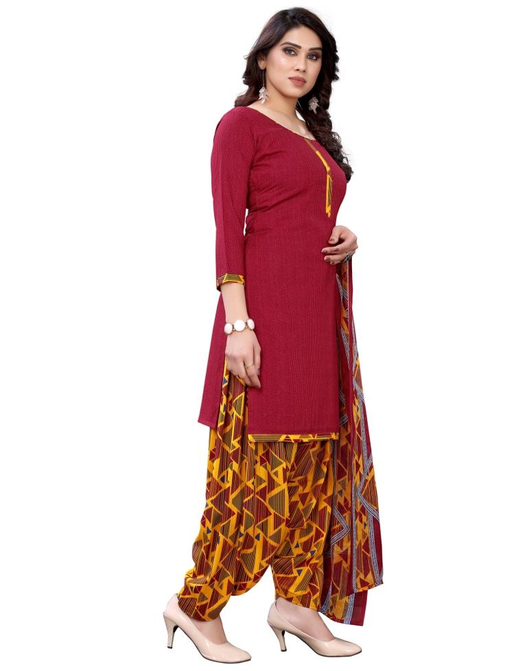 Distinctive Maroon Printed Unstitched Salwar Suit | Sudathi