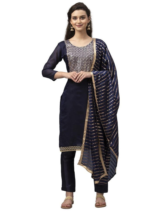 Astounding Navy Blue Cotton Thread Work Unstitched Salwar Suit | Sudathi