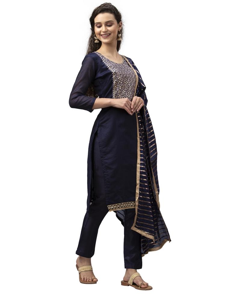 Astounding Navy Blue Cotton Thread Work Unstitched Salwar Suit | Sudathi