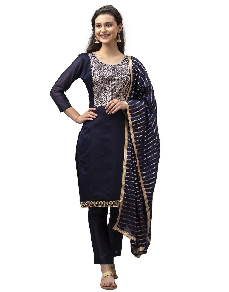 Astounding Navy Blue Cotton Thread Work Unstitched Salwar Suit | Sudathi