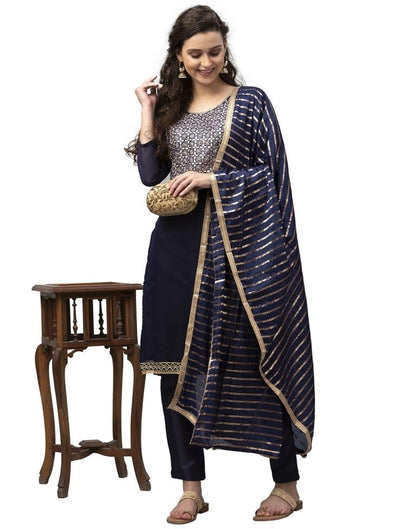 Astounding Navy Blue Cotton Thread Work Unstitched Salwar Suit | Sudathi