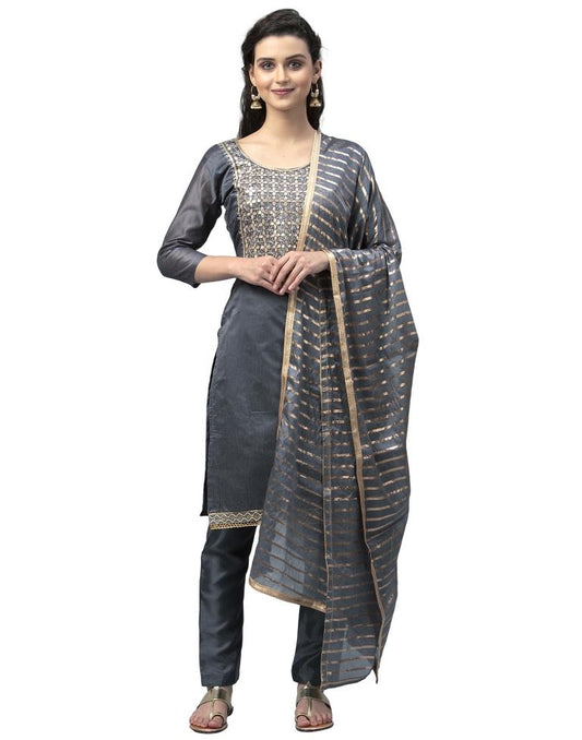 Ravishing Grey Cotton Thread Work Unstitched Salwar Suit | Sudathi