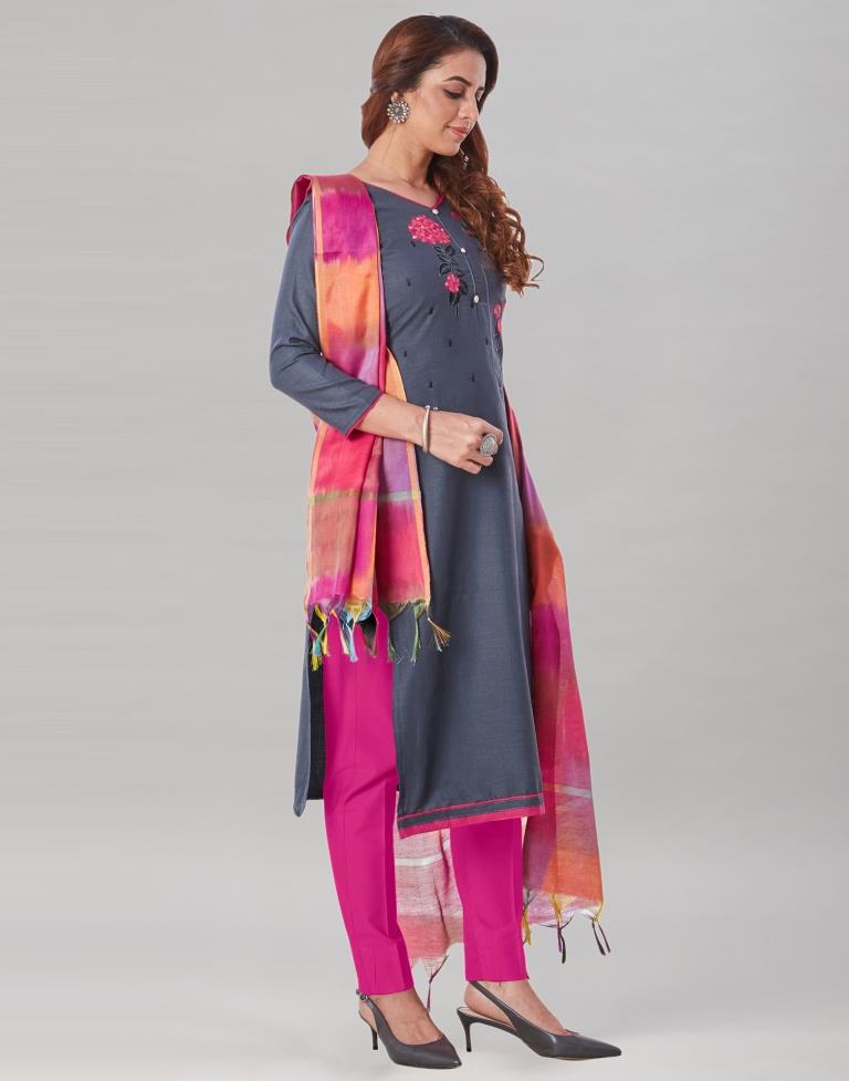 Classic Slate Grey Cotton Embriodery Unstitched Salwar Suit | Sudathi